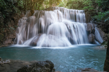 Beautiful nature view Huay Mae Khamin Waterfall at Kanchanaburi district in Thailand, Vacation plan and holiday travel among nature in Thailand 