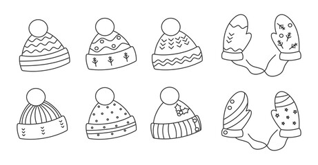 Contour knitted hat mitten set. Cozy winter headwear with pompom. Seasonal xmas knitted warm clothes. Hygge time, holiday cute accessory. Caps for cold season. Isolated on white vector illustration