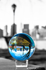 New York City seen through glass ball from Long Island City