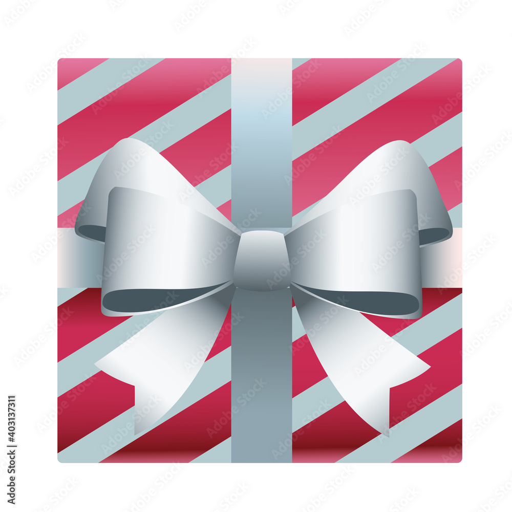 Wall mural happy merry christmas striped gift with silver bow icon