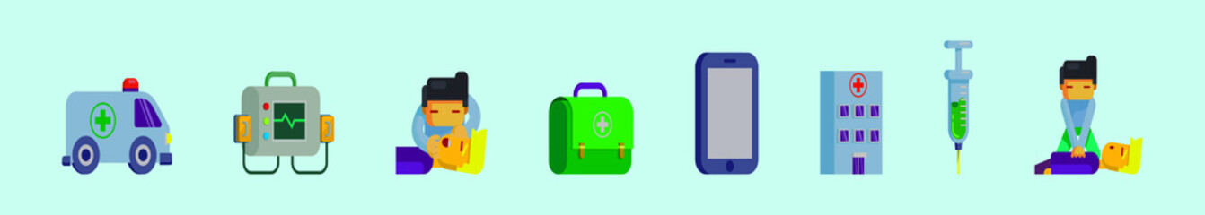 set of medical cartoon icon design templates with various models. vector illustration isolated on blue background