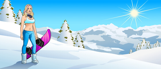 Fototapeta premium Beautiful young Woman with Snowboard in Mountain Environment Version 2