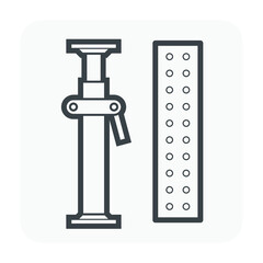 Scaffolding component icon. Consist of board decking. Also called steel plank, metal deck and catwalk for work platform and access. Include adjustable scaffolding shoring prop for temporary support.