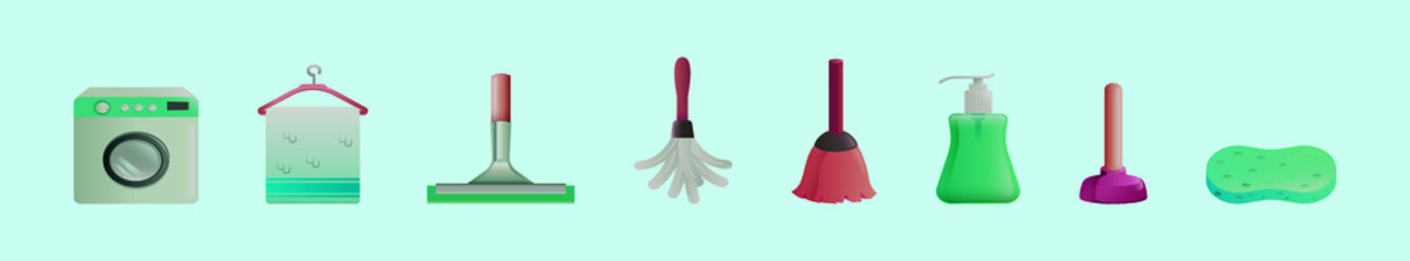 set of cleaning tools cartoon icon design templates with various models. vector illustration isolated on blue background