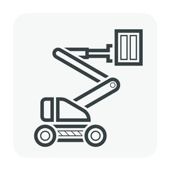Boom lift or cherry picker vector icon. Aerial work platform or elevator. Consist of telescopic boom, bucket operated by hydraulic. For transport, maintenance, construction, service at height level.