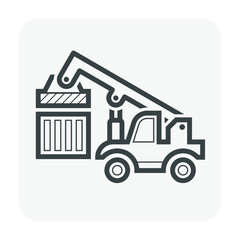 Fototapeta na wymiar Reach stacker, cargo container vector icon. Lifting equipment for handling, move, transport, transfer, operation, delivery and loading cargo container to train or truck at yard, port, dock, terminal.
