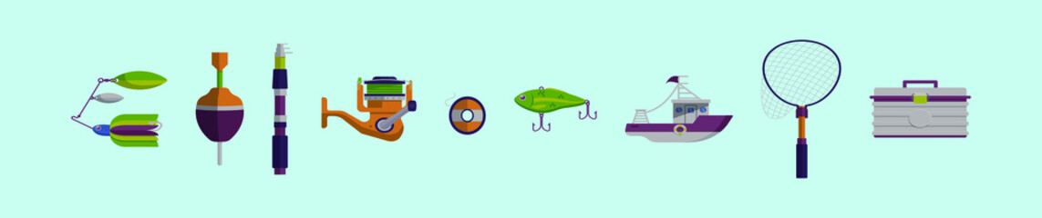 set of fishing elements cartoon icon design templates with various models. vector illustration isolated on blue background