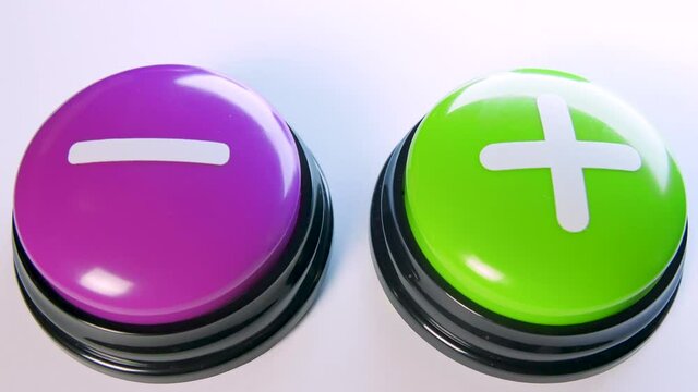 Choosing between Plus or Minus buttons, mathematical symbols. Number operations of addition and subtraction, calculation. Ads, promotion, negative or positive review, feedback. Woman making decision.