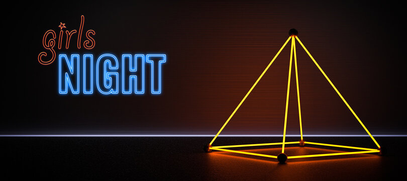 abstract neon pyramid light installation and text GIRLS NIGHT on concrete floor