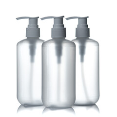 Transparent bottle dispenser pump with tube empty container isolated on white background.