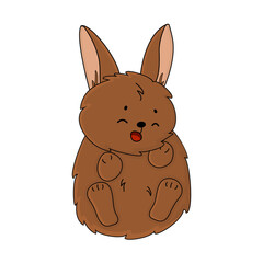 Cute brown bunny is on his back, rabbit is smiling and happy, eyes are closed
