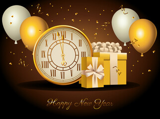 happy new year golden watch with gifts and balloons helium