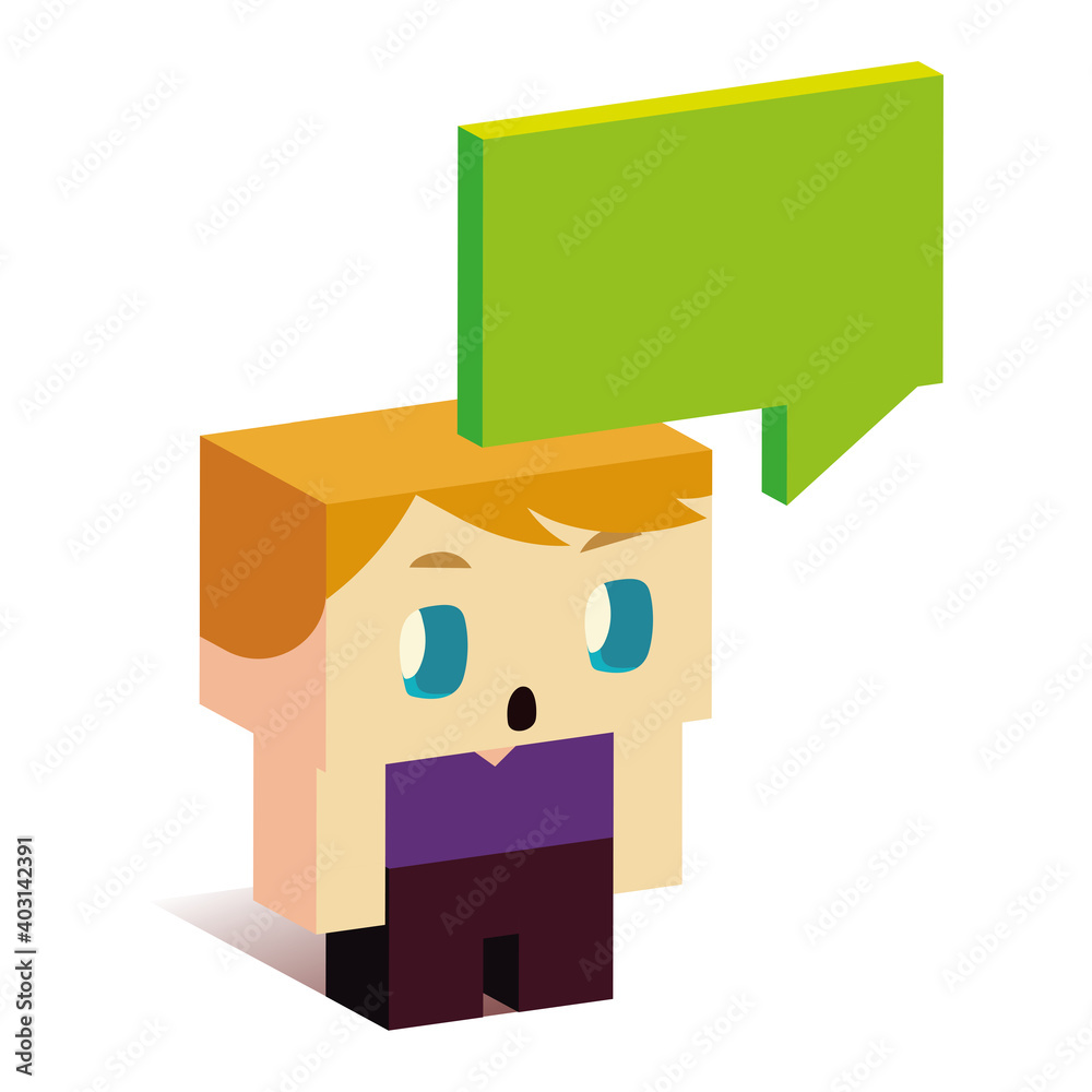 Poster cute surprised boy with speech bubble, isometric design