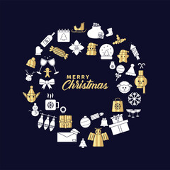 happy merry christmas lettering with golden and silver set icons