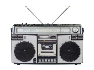 retro radio cassette recorder,old  radio with old-fashioned tape player isolated on white background.