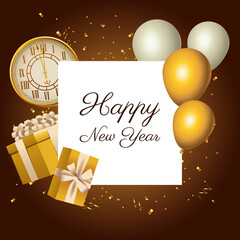 Fototapeta na wymiar happy new year golden watch and lettering with balloons helium