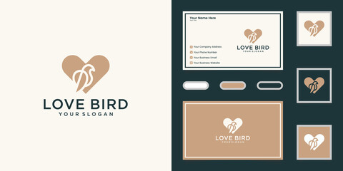 heart symbol and negative space bird logo and business card