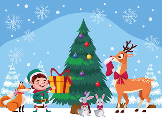 santa helper with animals and christmas pine tree