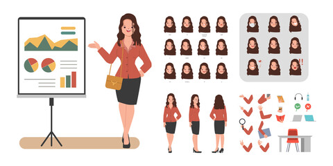 Woman character creation for animation. Animated face emotion and mouth and hair. Flat cartoon character design.