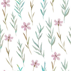 Fototapeta na wymiar Watercolor seamless pattern with delicate meadow pink flowers. 