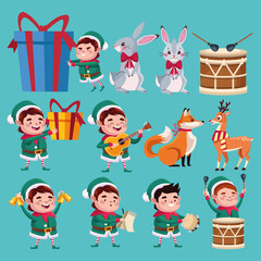 group of santa helpers characters with animals and instruments