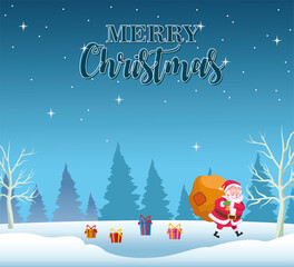 Fototapeta premium happy merry christmas lettering card with santa lifting gifts bag