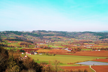 Fototapeta na wymiar View from the Schaunberg castle ruins in the Hartkirchen district of Upper Austria