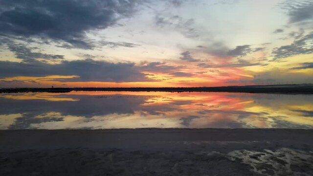 Salt lake during sunset, stunning reflection - Drone - 4K