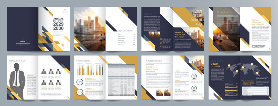 Corporate business presentation guide brochure template, Annual report, 16 page minimalist flat geometric business brochure design template, A4 size.