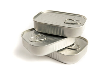 unlabelled sardine tins or cans with pull tabs isolated on white