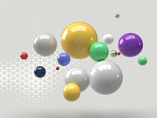 3D illustration of balls of different sizes hanging in space.  The idea of order and abstraction.