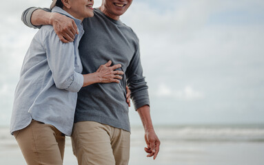 Senior couple embrace walking on the beach, plan life insurance with the concept of happy...