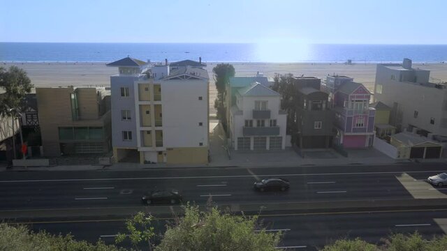 View on the pacific coast highway, beach and housees in Santa Monica, California USA