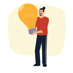 Fototapeta na wymiar beard man holds big light bulb creativity concept