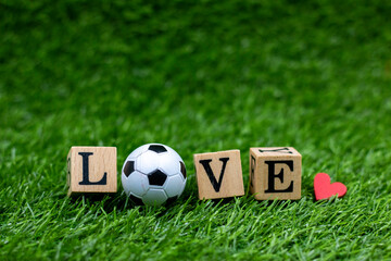 Soccer ball with love on green grass