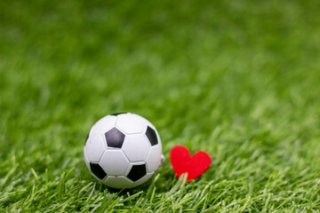 Soccer ball with love on green grass