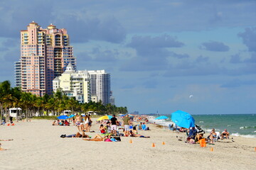 The view of the beach with luxury waterfront condominiums and apartments by the bay near Fort Lauderdale, Florida, U.S.A