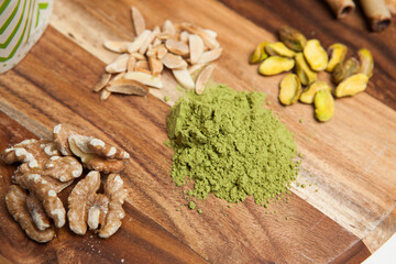 green tea on wood plate