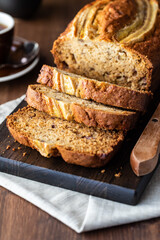 Close up of a sliced banana bread fresh out of the oven.
