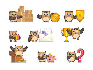 Set of brown owl characters showing various actions. Cute owl mascot with parcel boxes, big dollar coin, shield, gift, treasure chest and showing other actions. Modern vector illustration