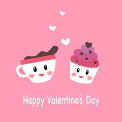 Coffee cup and cupcake of love. Happy Valentine’s Day concept in flat design. Design for greeting card, poster, banner.