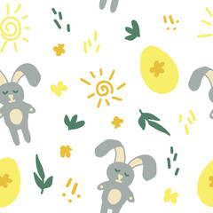 bunnies, easter eggs, leaves and doodle dashes seamless pattern in trending color 2021. vector hand drawn minimalism simple. wallpaper, textiles, wrapping paper. gold, yellow, green. child.