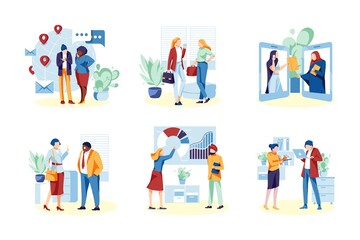 Obraz na płótnie Canvas Office workplace scenes set. Business people characters meeting, brainstorming, negotiating, presenting new project. Office managers business activity concept flat vector illustration