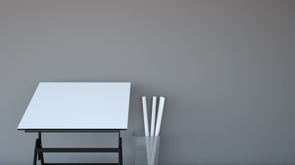 drafting table on gray wall architect concept 3d rendering