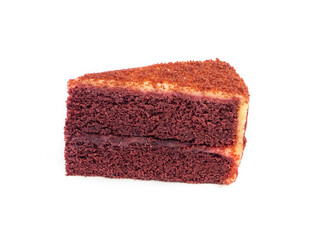 Triangle shape slices piece of Red velvet cake on white isolated background. Homemade bakery concept for birthday cake or valentine dessert. Top view picture.