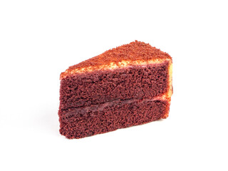 Triangle shape slices piece of Red velvet cake on white isolated background. Homemade bakery concept for birthday cake or valentine dessert. Top view picture.