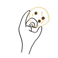 大きなチョコチップクッキーをつまむ手　シンプルイラスト
