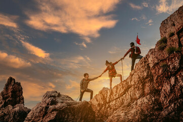 Group of team people helping work on peak mountain climbing teamwork , travel trekking winner...
