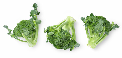 Three fresh broccoli on white background top view