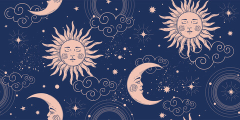Seamless cosmic pattern with sun and crescent moon, vintage background for astrology and tarot. Sun with face and stars on a blue background. Vector illustration.